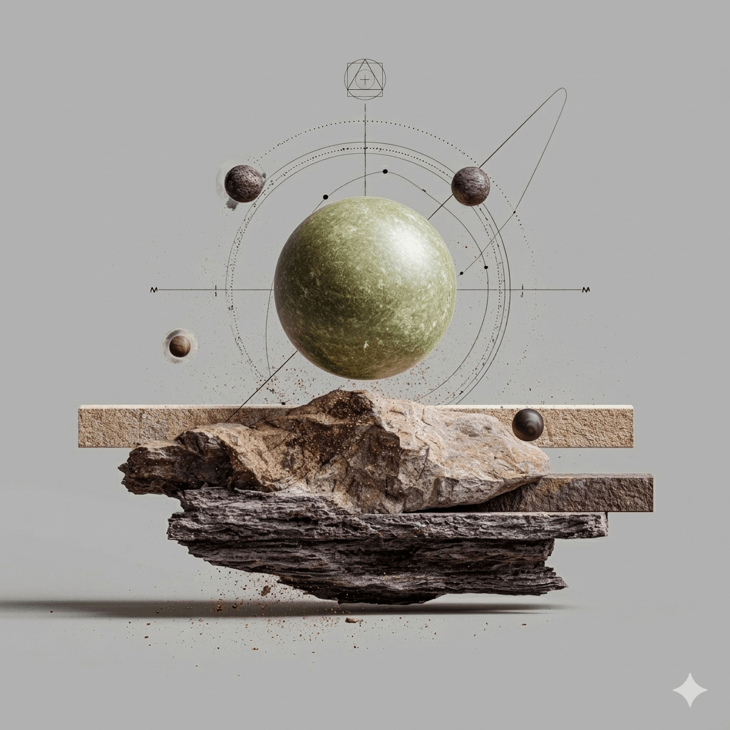 Green and orange celestial sphere above layered stone