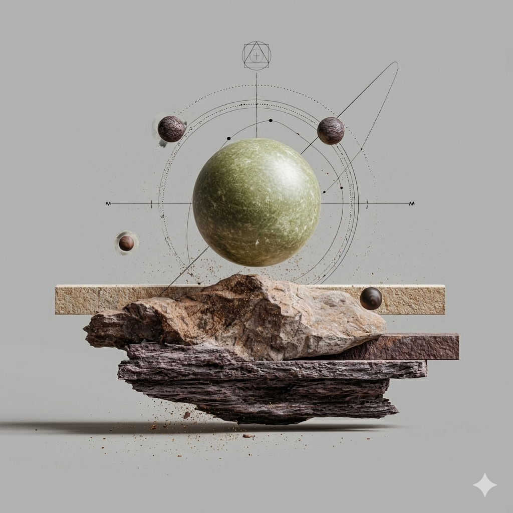Green and orange celestial sphere above layered stone