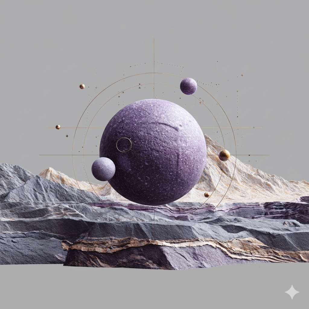 Purple and gold celestial sphere above a mountain landscape